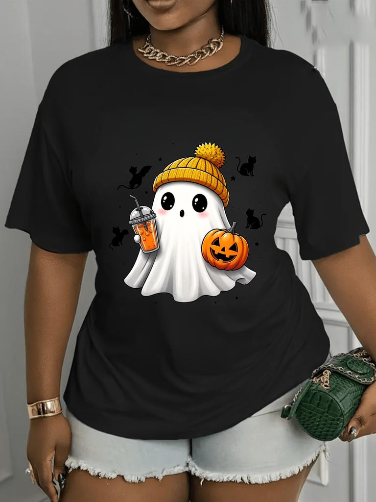 Women'S unisex T-Shirt, Cute Ghost Pumpkin Print, Short Sleeve Crew Neck Casual, Black Base, Halloween Season, Relaxed Fit, Trendy Style unisex T-Shir