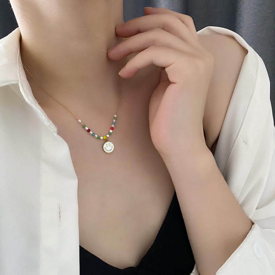 2022 Summer Colorful Beaded Smiley Silver Titanium Steel Non-Fading Choker Necklace