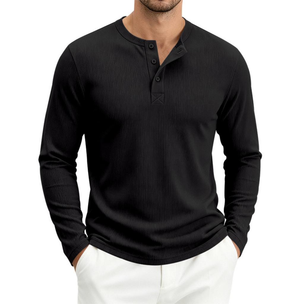 Men's Long Sleeve Loose Fit Ribbed Breathable Henley Shirt Button Placket Casual Pullover Top