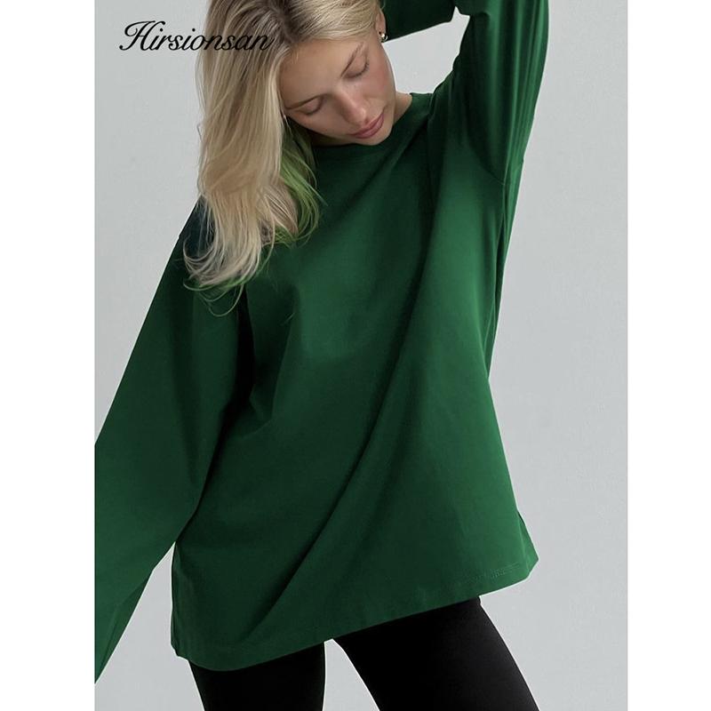 Hirsionsan Tricou cu mânecă lungă, 100% bumbac, cu decolteu în formă de O, pentru femei, tricouri solide, toate se potrivesc