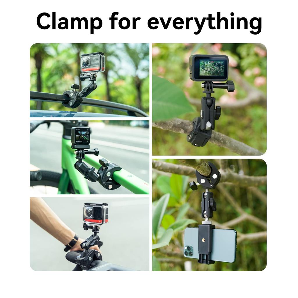 TELESIN Rotating Claw Clamp Mount for Cycling and Double Ball Head with Clip Mount for Action Camera Gripper Compatible with GoPro Hero Insta360 DJI