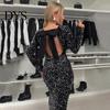 Sequin Maxi Dress Women Evening Backless Big Bow Decor Round Neck Mid Waist Gown Slim Fit Long Sleeve Prom Party Club Formal