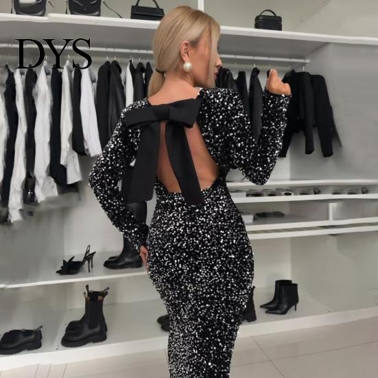 Sequin Maxi Dress Women Evening Backless Big Bow Decor Round Neck Mid Waist Gown Slim Fit Long Sleeve Prom Party Club Formal