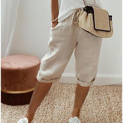 Pantalones y shorts casuales con bolsillos elásticos de algodón y lino para mujer 2024