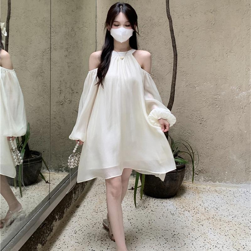 Women's Off-Shoulder Halter Neck White A-Line Dress - Autumn 2025 Fashion