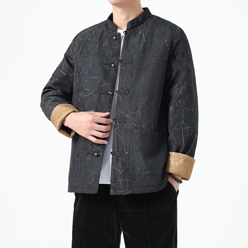 

Осень Зима Мужская Теплая Куртка Мужчины Дисковая Пряжка Ретро Костюм Тан Куртки Мужской Воротник Стойка Тиснение Ханфу Мужские Хлопковые Утепленные Пальто L чёрный