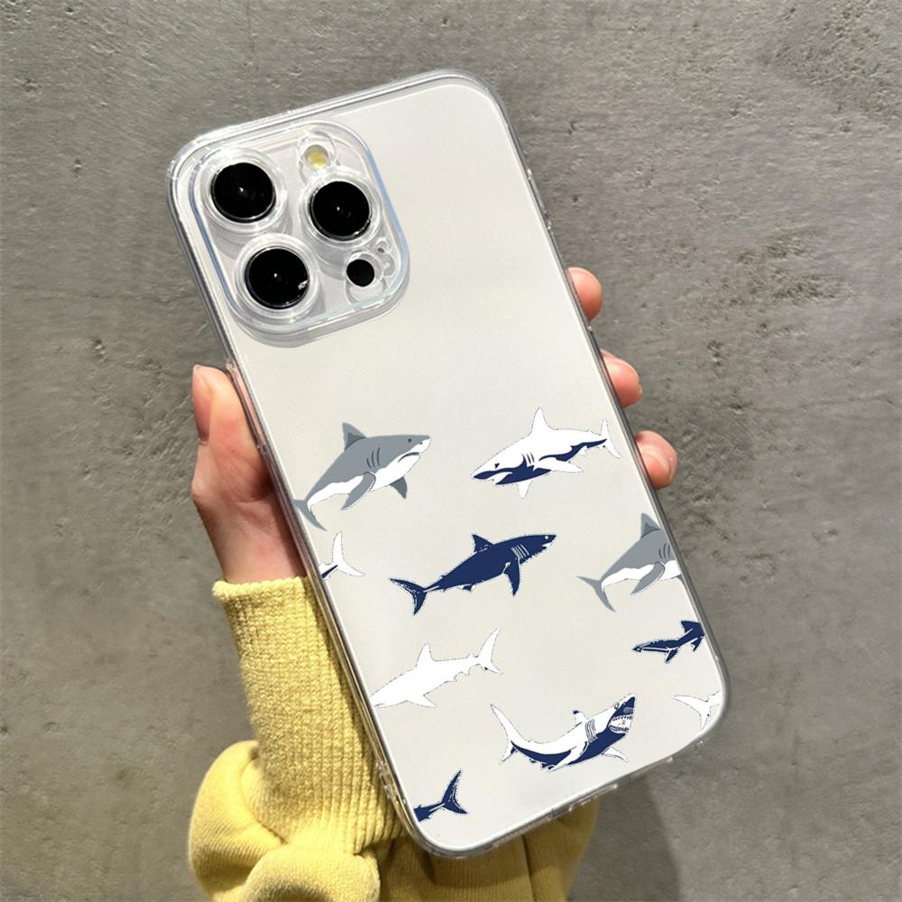 Sharks Cute sea blue pattern design Phone Case Transparent Phone Case For iPhone 16 15 14 13 12 11 Pro Max XR Plus