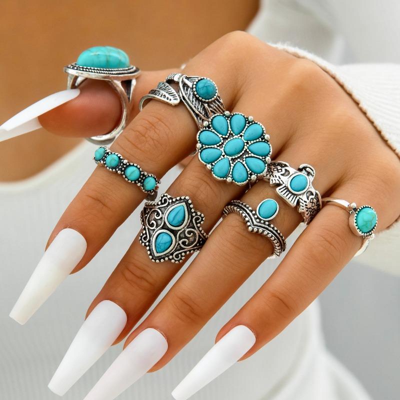 European and American Ethnic Style Carved Feather turquoise Ring Retro Personality Ring Set Combination Ring Set