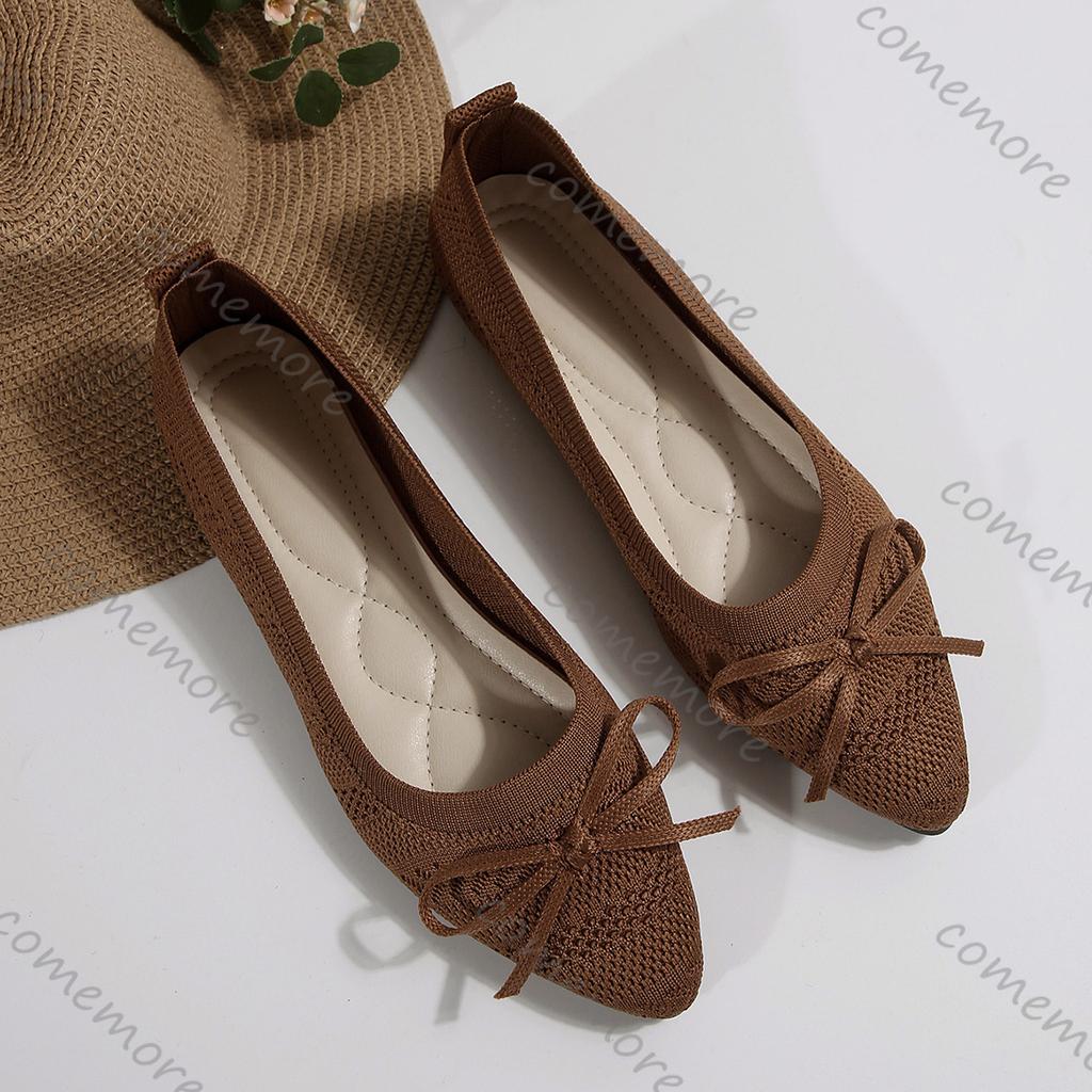 Fashion Comemore Summer New Pointed Toe Shallow Mouth Breathable Comfortable Casual Flats Shoes Solid Color Mesh Bowknot Loafers Women