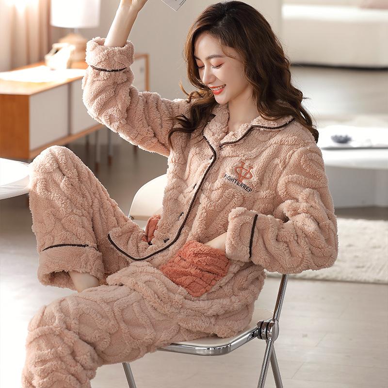 Pajamas Women'S Winter Coral Fleece Fleece Thickened Can Be Worn Outside Loungewear Autumn And Winter Flannel Winter Warm Suit