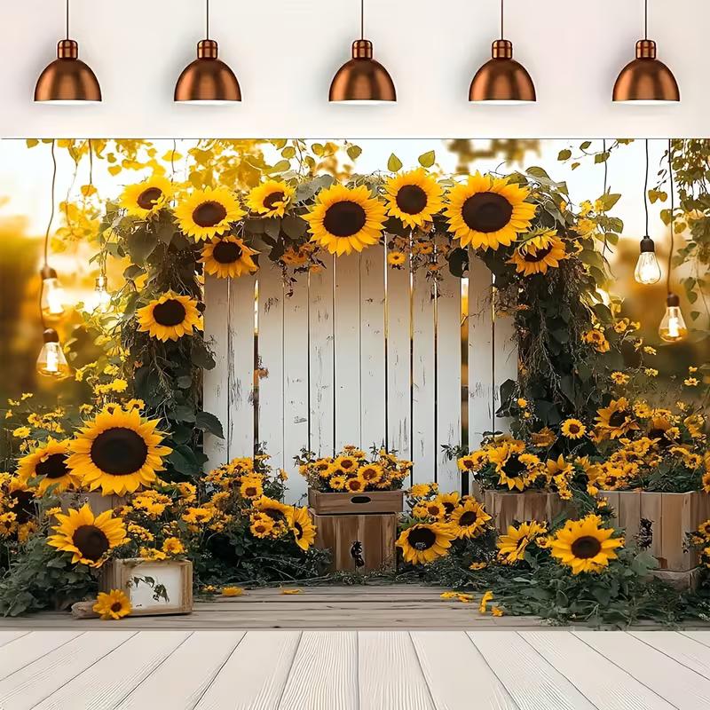 2D Rustic Wooden Fence and Sunflowers Background Cloth Photo Booth Prop