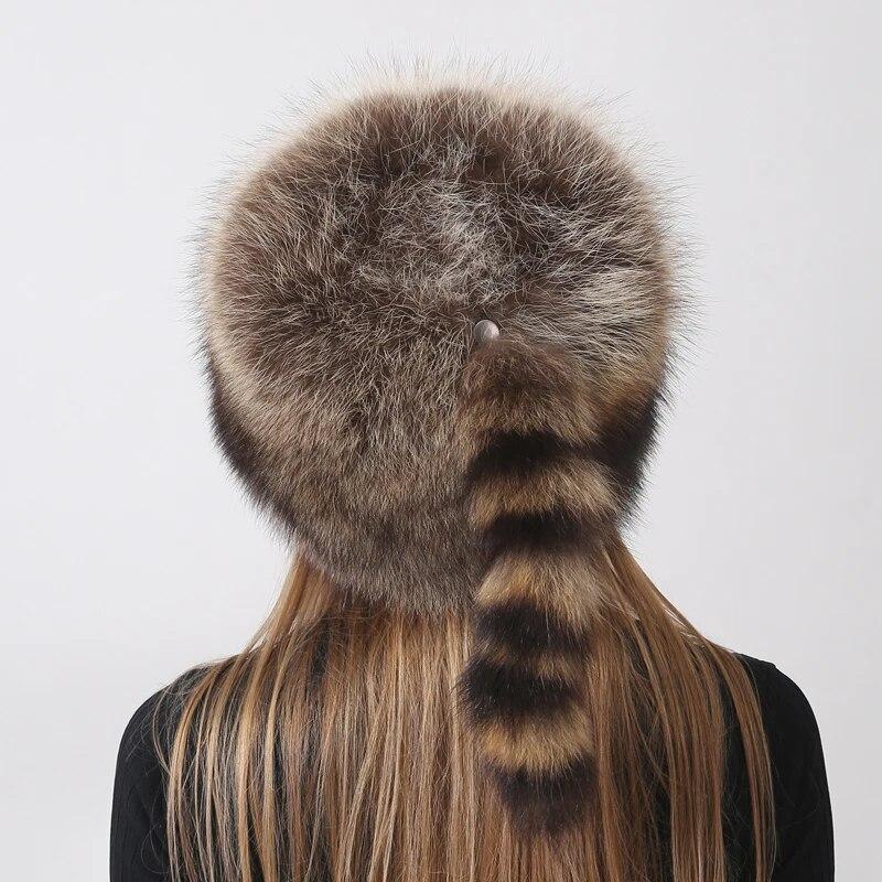 New Winter Hats for Women with Tail Fluffy Raccoon Outdoor Cozy Snow Round Hat