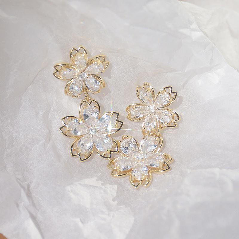 Korean  Selling Fashion Jewelry 14K Real Gold Plated Copper Inlaid CZ Zircon Earrings Elegant Double Flower Women Earrings