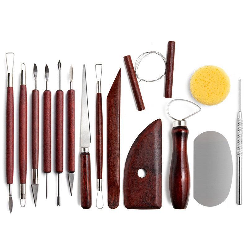 15-Piece Pottery Tool Set: Modeling, Carving Knives, Needles, Scrapers, Sponges & Clay Cutters