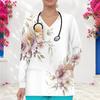 Camisa de Uniforme Médico de Trabajo Casual Holgada Talla Grande para Mujer con Escote en V, Manga Larga, Estampado Floral Acuarela, Uniforme de Enfermera