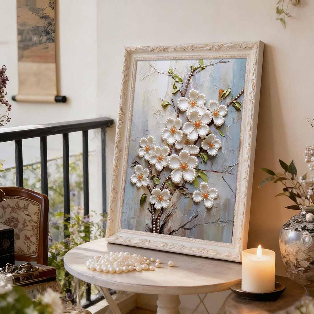 5D Frameless Pearl Painting White Flowers Diy Handmade Sticky Diamond Creative Canvas Art Painting Bedroom Decoration Living Room Hanging Painting