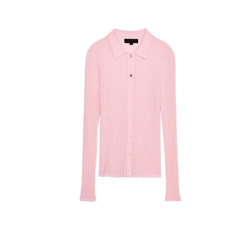 Spring New Women's Clothing Wool Blend Ribbed Polo Shirt Collar Long Sleeves Knitting Cardigan Outwear 2142048