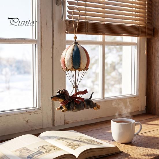 Unique Holiday Gift for Dog Owners Flying Dachshund Hot Air Balloon Hanging Ornament, Vintage Resin Wall Hanger, Retro Decoration Whimsical
