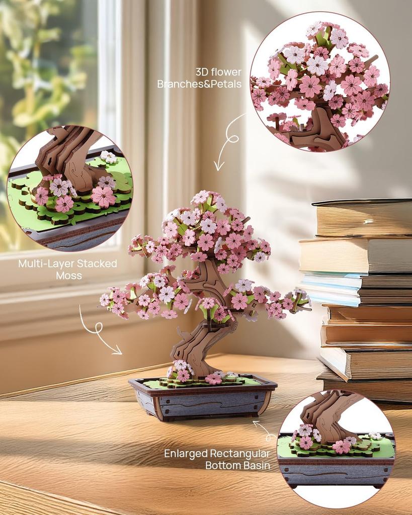 Robotime Rolife DIY Wooden Sakura Bonsai DIY Wooden 3D Puzzle Crafts Wooden Flower Gift for Mom Wife Friends