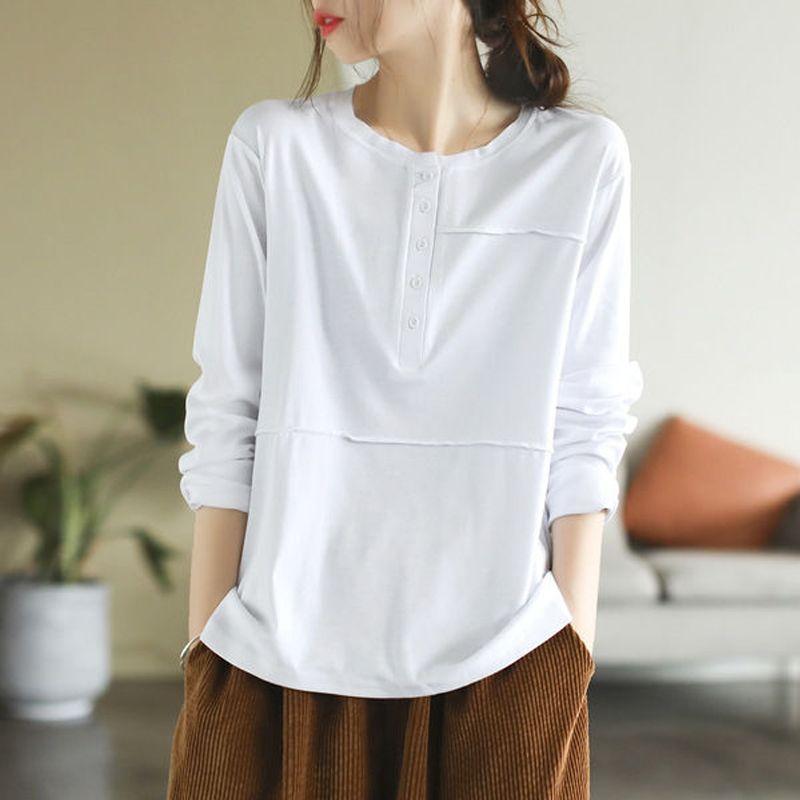 Artistic Retro Spring Autumn Long Sleeved T-shirt for Women Casual Slimming Patchwork Button Down Bottom Shirt Top