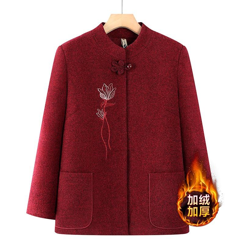 New medium-sized elderly mother jacket velvet grandma autumn and winter clothing thickened woolen clothes festive old lady Tang clothing