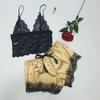 2PcsSet Women'S Pajamas Underwear Sexy Silk Satin Lingerie Women'S Sexy Lace Halter Top Shorts Pajamas Set