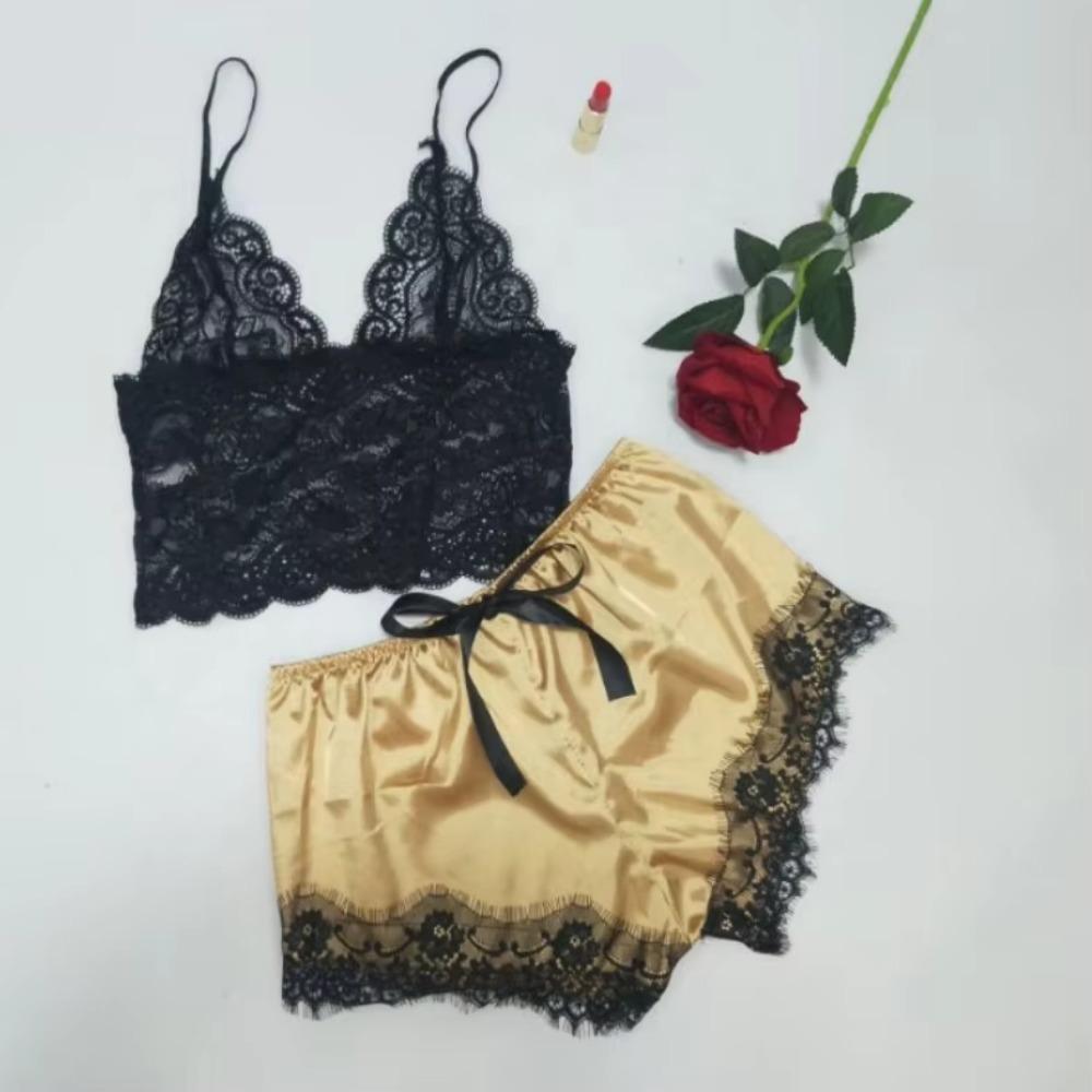 2PcsSet Women'S Pajamas Underwear Sexy Silk Satin Lingerie Women'S Sexy Lace Halter Top Shorts Pajamas Set