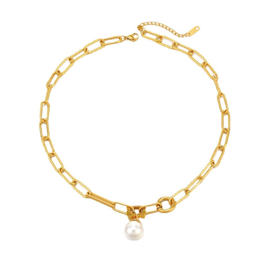 European and American ins fashion pearl stainless steel necklace women's 11k gold simple personality hip hop popular collarbone chain women's pendant