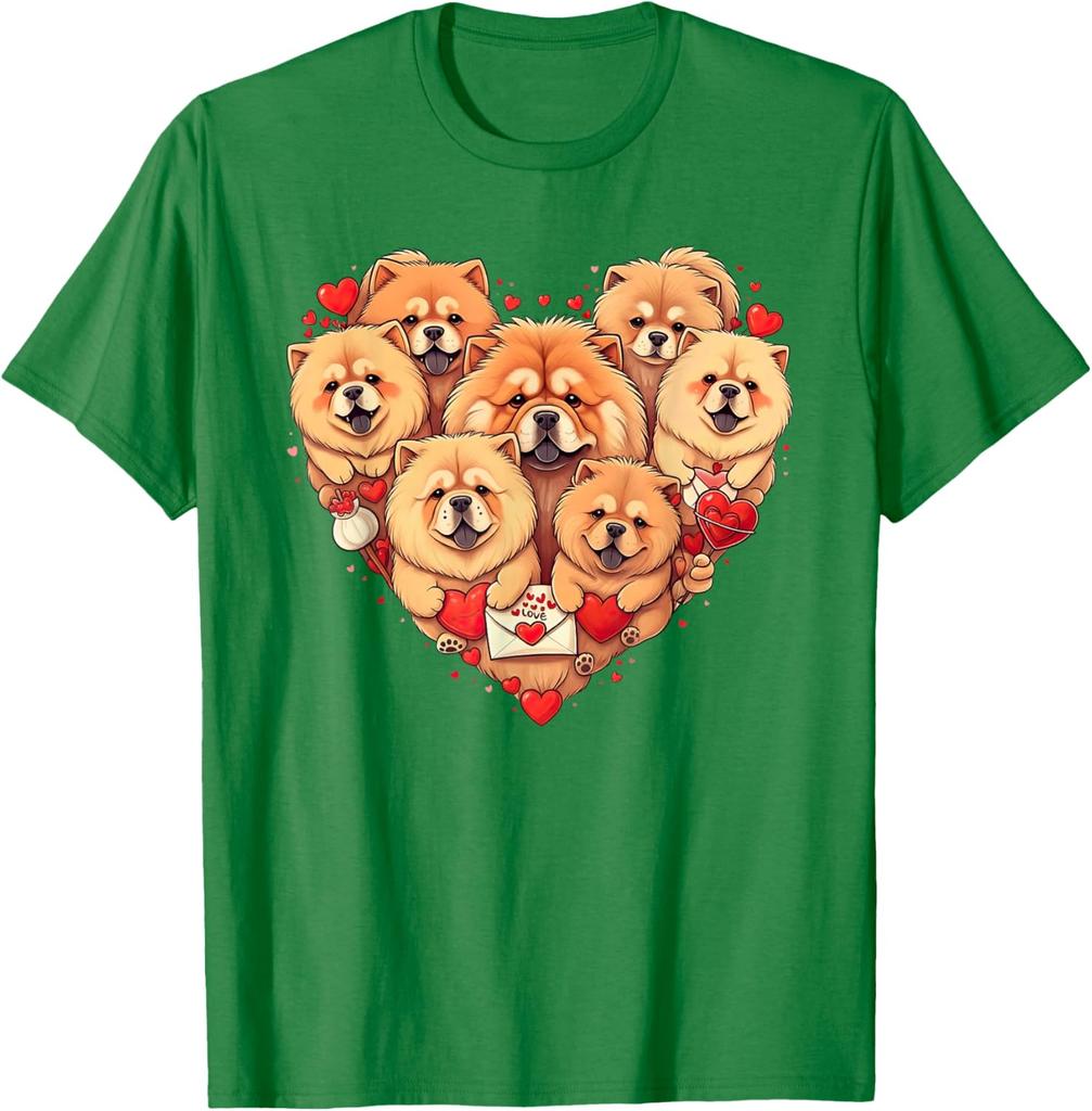 Chow Chow Heart Valentine Dogs Graphic Tee Short Sleeve Crewneck Casual Cotton T-Shirt for Men Women