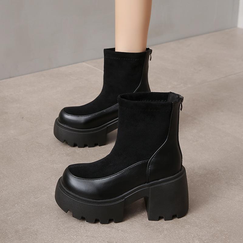 Autumn and winter new small thick-soled heightened piled thick heel thin short boots retro Martin boots women's British style