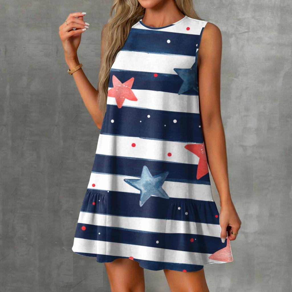 Women's Fashion Casual Sleeveless Round Neck Ruffle Independence Day Printed Dresses