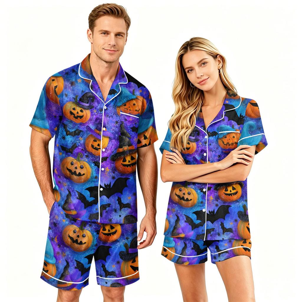Couple Matching Halloween Pajama Set Short Sleeve Button Down Shirt with Hem Short Pants Soft Casual Loungewear S To XXXXL