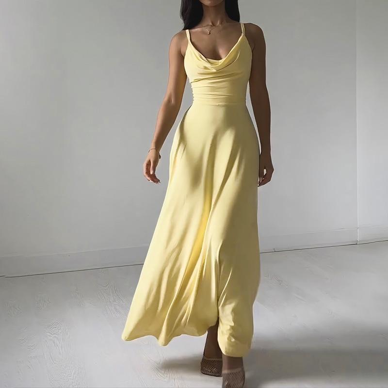 

Летнее женское платье с воротником-нагрудником, темпераментное элегантное тонкое длинное платье с завязкой на талии, платья с лямкой на шее S жёлтый