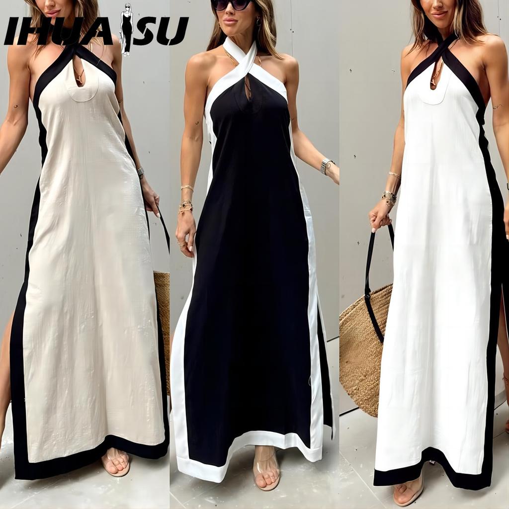 IHUASU Summer Cotton Hemp Halter Neck Open Temperament Dress Woman