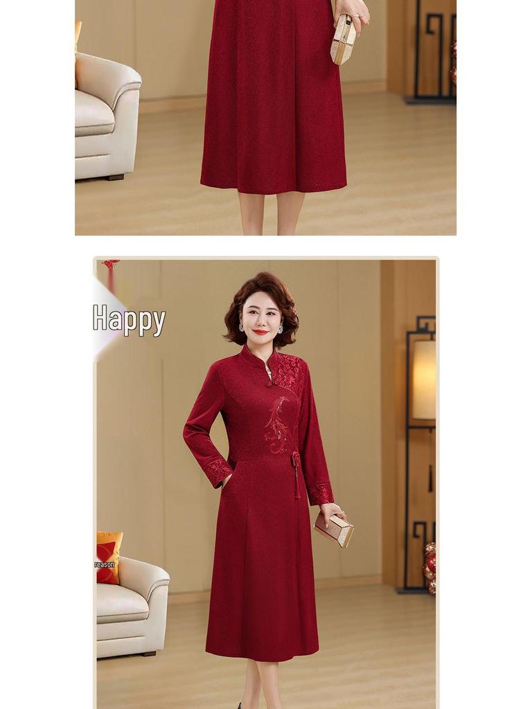 Elegant Long Qipao Wedding Dress for Mother of the Bride, Age 50+