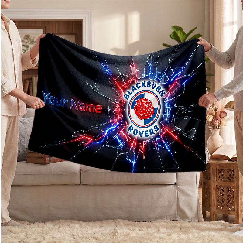 Blackburn Rovers FC Personalized Fleece Blanket With Football Logo, Custom Name Text Soft Warm Home Throw Blanket