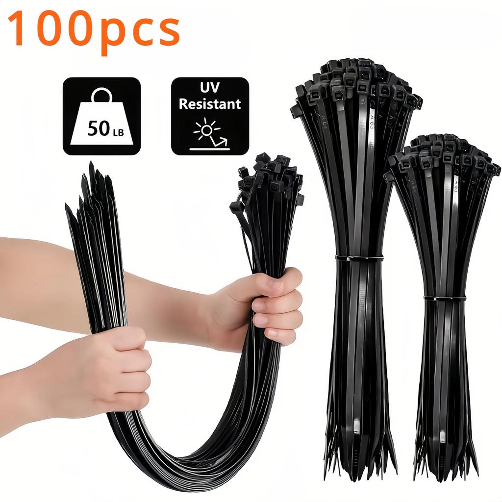 100 Black Nylon Cable Ties, High Tensile Strength, Uv Resistant, Fastening Loop Ties, Self-Locking, Suitable For Home And Office Wire Management