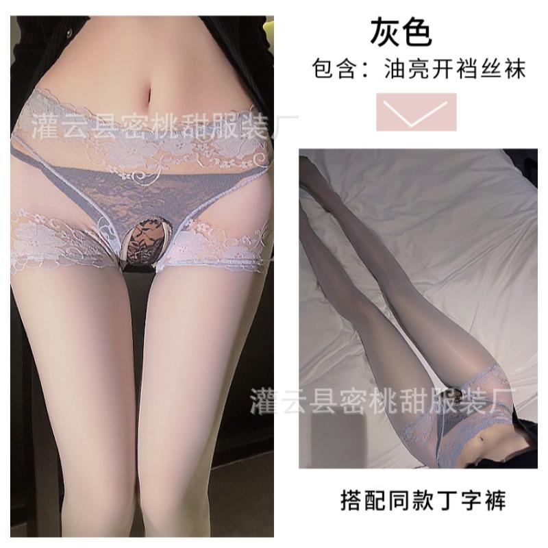 Sex-Unterwäsche sexy Netz durchsichtig seidig Einteiler Pferdeöl offener Schritt Socken hohe Taille Hüftlift Öl glänzend offene Socken