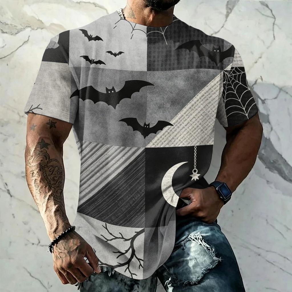 Men's Halloween Vintage Short Sleeve T Shirt Loose Fit Breathable Summer Sports Streetwear Casual Everyday Top with Pumpkin and Bat Print