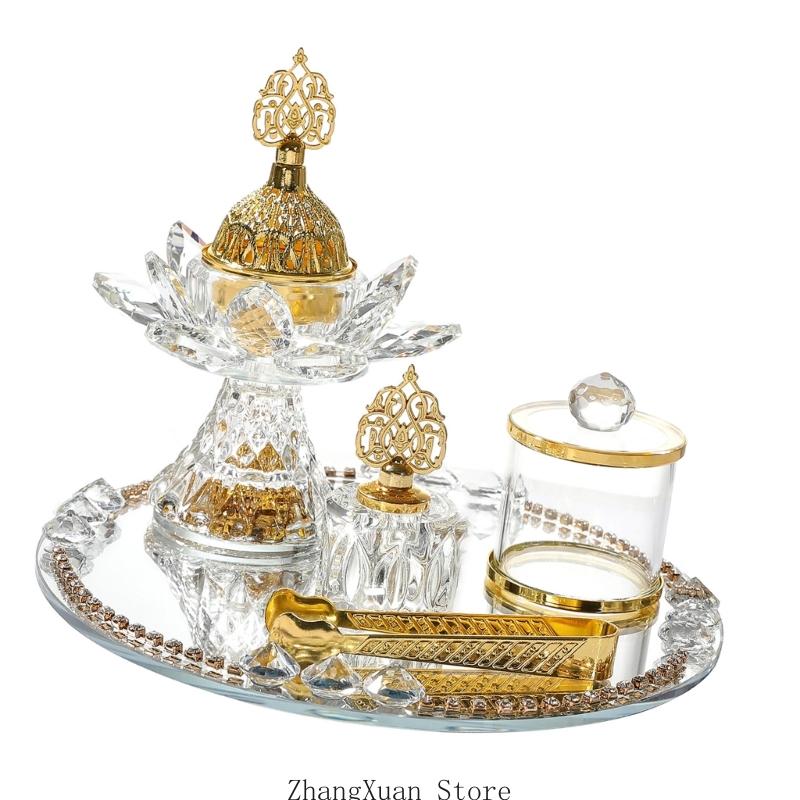 3XUF Arabic Glass Incenses Burners Kits With Mirrored Tray And Tongs Storage Jar Set For Spiritual Practices Ramadans Decors