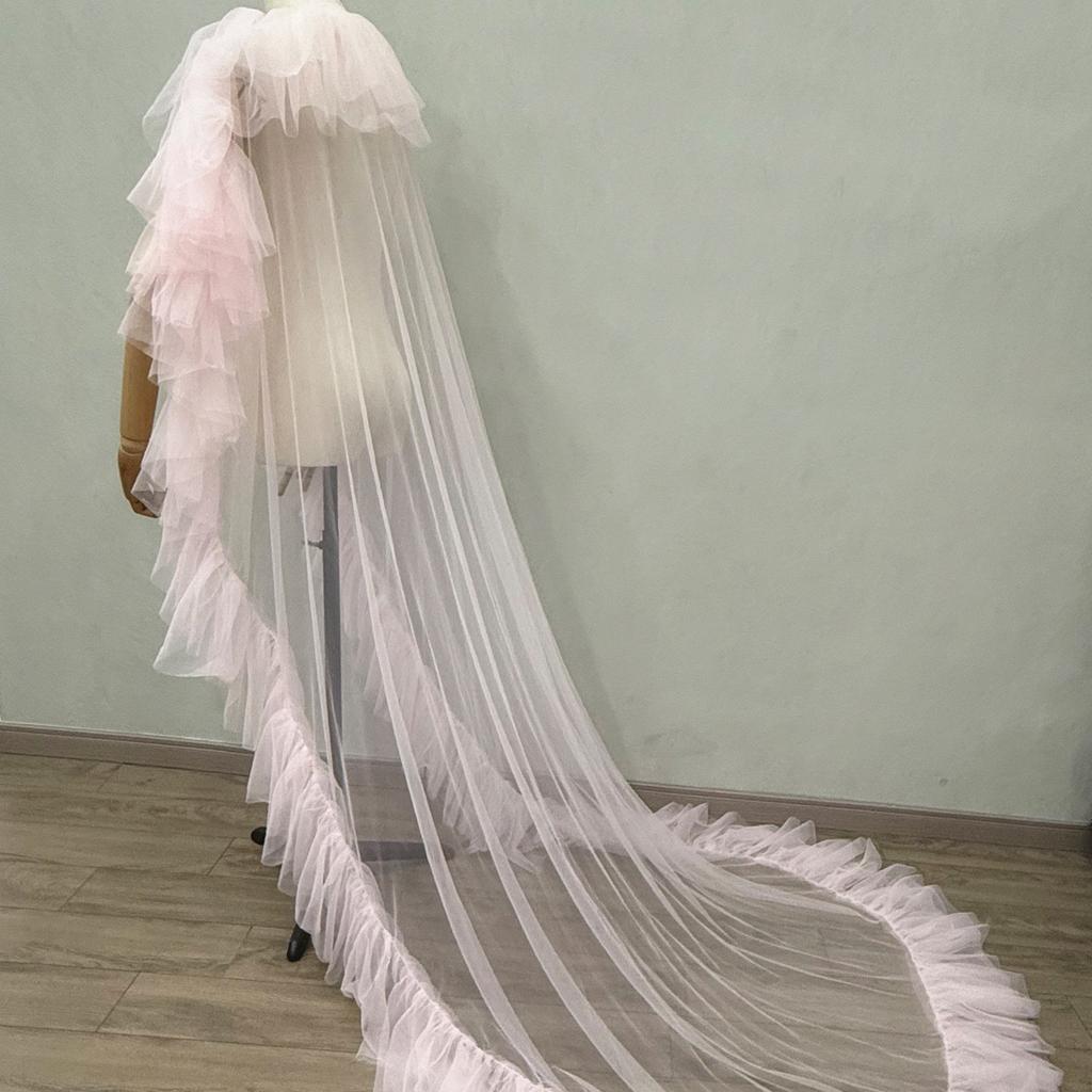 Women Multi Layer Ruffle Tulle Cape Long Train Sheer Mesh Cloak Detachable Pearl Strap Bridal Wedding Cover UpEvening dress Dance party attire
