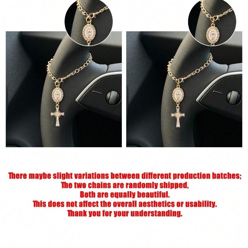 1pc Steering Wheel Decor - With Virgin Mary Pendant And Diamond Cross Steering Wheel Accessory, Multi-Color Options; Catholic Pendant, Car Accessories