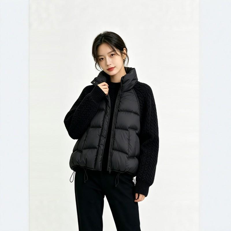 Womens Short Stand Collar Knit Panel Puffer Jacket Winter Warm Loose Cotton Coat