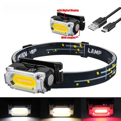 Lampada frontale da lavoro leggera per esterni con clip magnetica per cappello, 6 modalità di illuminazione, lampada frontale da escursionismo, campeggio, pesca con display digitale