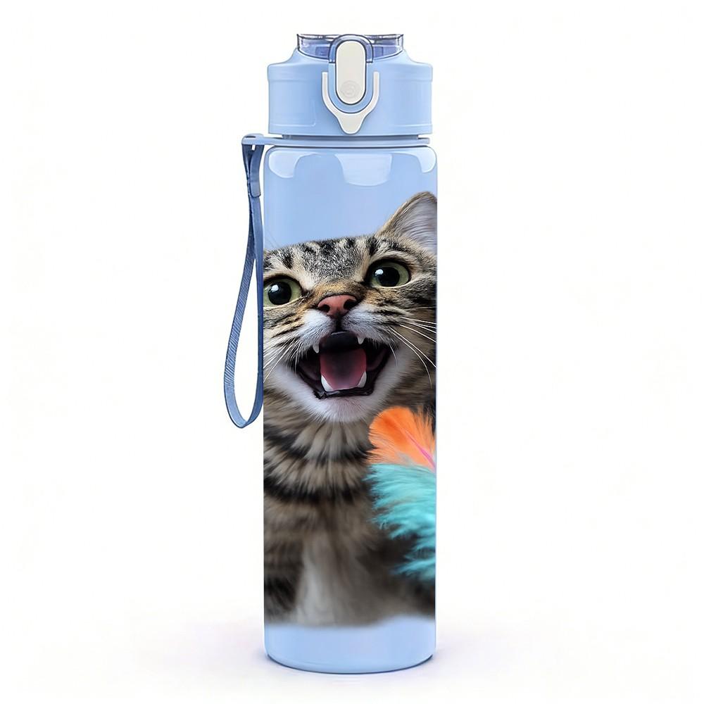 1PC Playful Cat With Feather Toy Print 750ml Color Plastic Sports Water Bottle Leakproof Flip Straw Lid Suitable for Sports Office Home Use