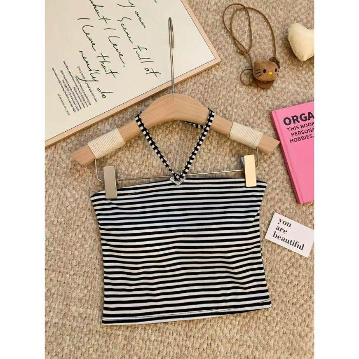 Summer new retro sexy pure desire wind straps neck striped sling vest female slim tube top beauty back top