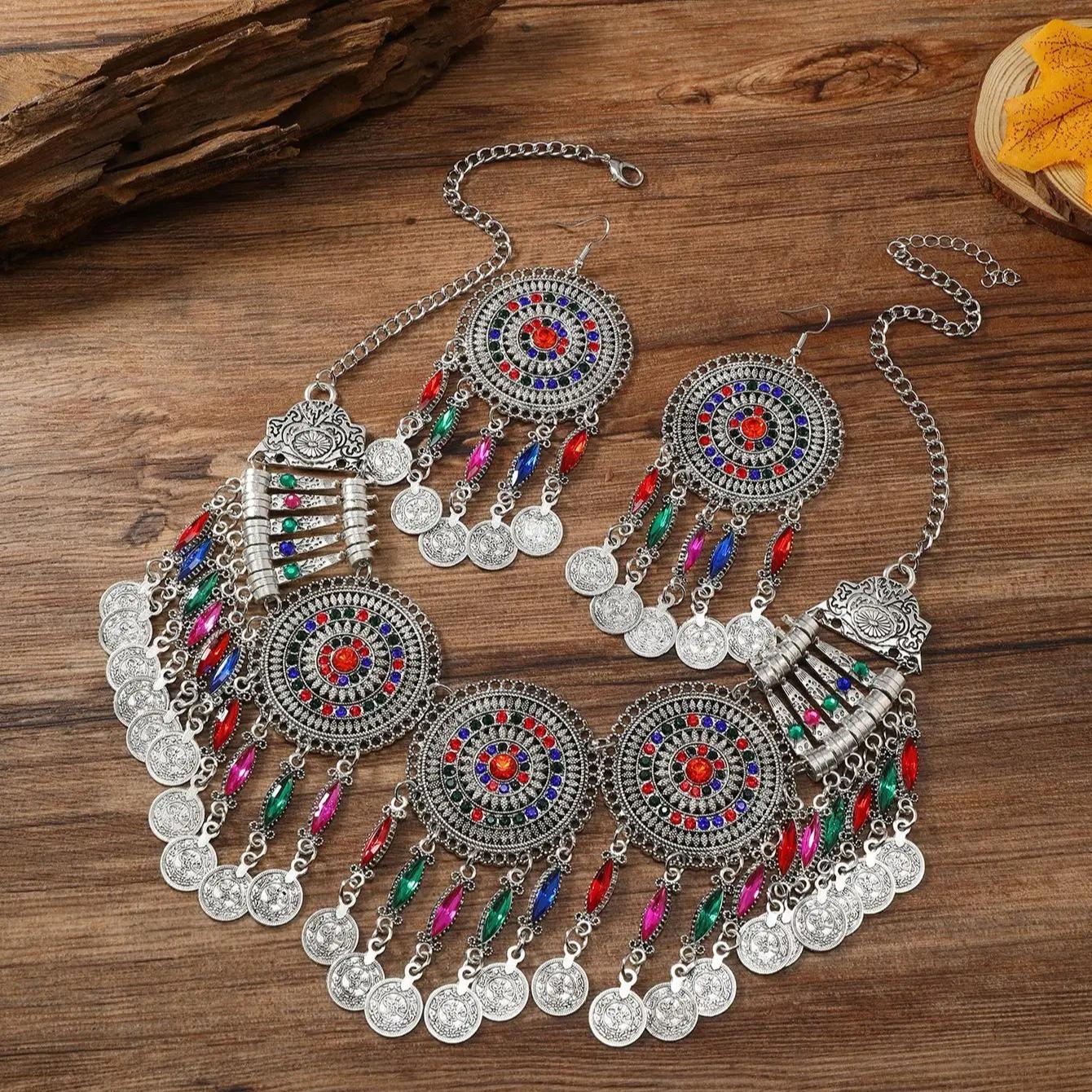 

Gypsy Bohemia Chic Vintage Coin Crystal Tassel Jewelry Sets Women Hippie Turkish Ethnic Tribal Necklace Earring