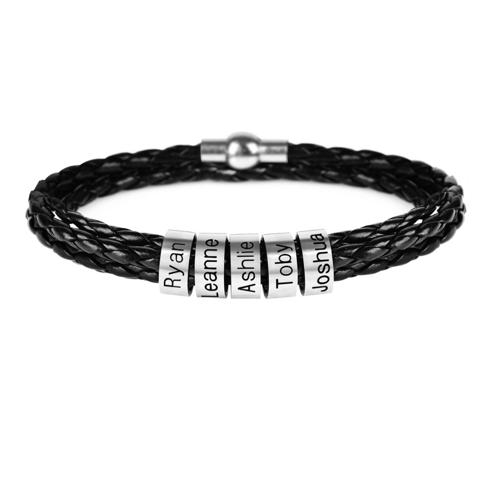 Lemegeton Custom Mens Bracelet 1-7 Names Engraved Beads Braided Leather Bracelets on Hand Personalized Jewelry Friendship Family