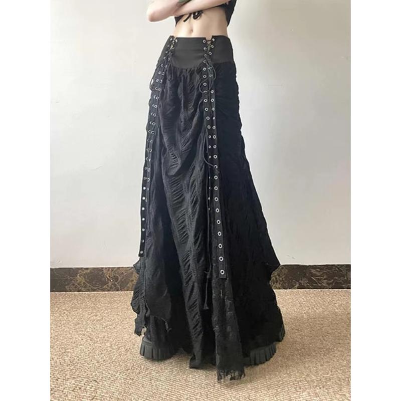 Y2k Vintage Temperament Lace Mesh Pleated Women Skirt High Waist Gothic Bow Slim Bandage A-line Long Skirts Chic Harajuku Faldas