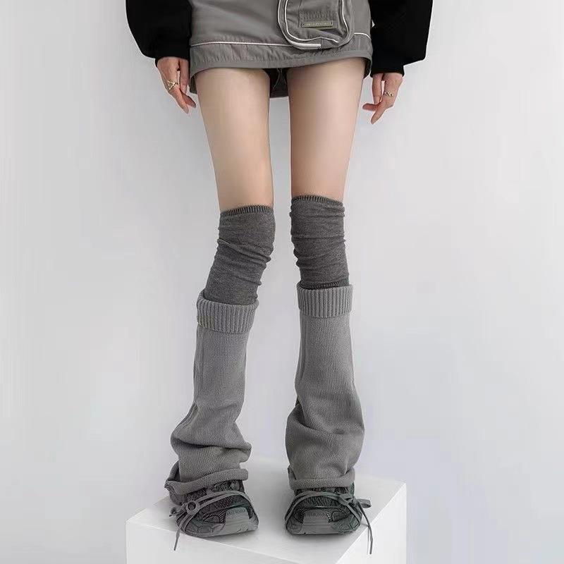 Șosete de lână evazate tricotate gri: Încălzitoare de picioare de iarnă de culoare uni pentru Hot Girl și stil JK